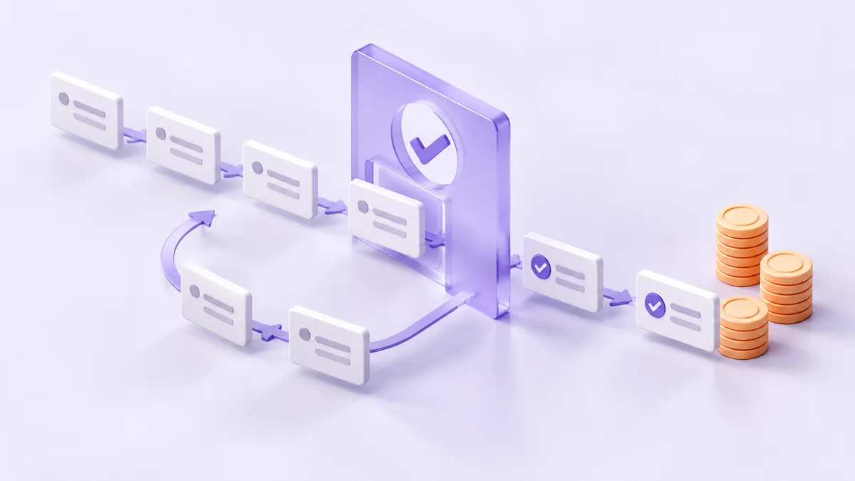 Task cards pass through a quality gate, with a loop for retries